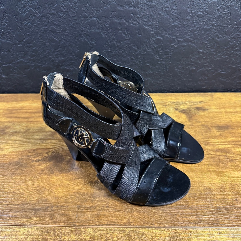 Michael Kors Strappy Logo Black Synthetic Heeled Sandals Womens Size 6M